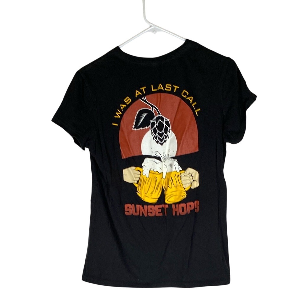 Sunset Hops I was at last call Black Tee double sided fits like medium unisex